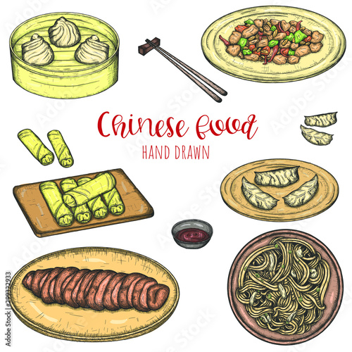 Chinese popular dishes hand drawn vector set, sketched isolated illustration of meals.