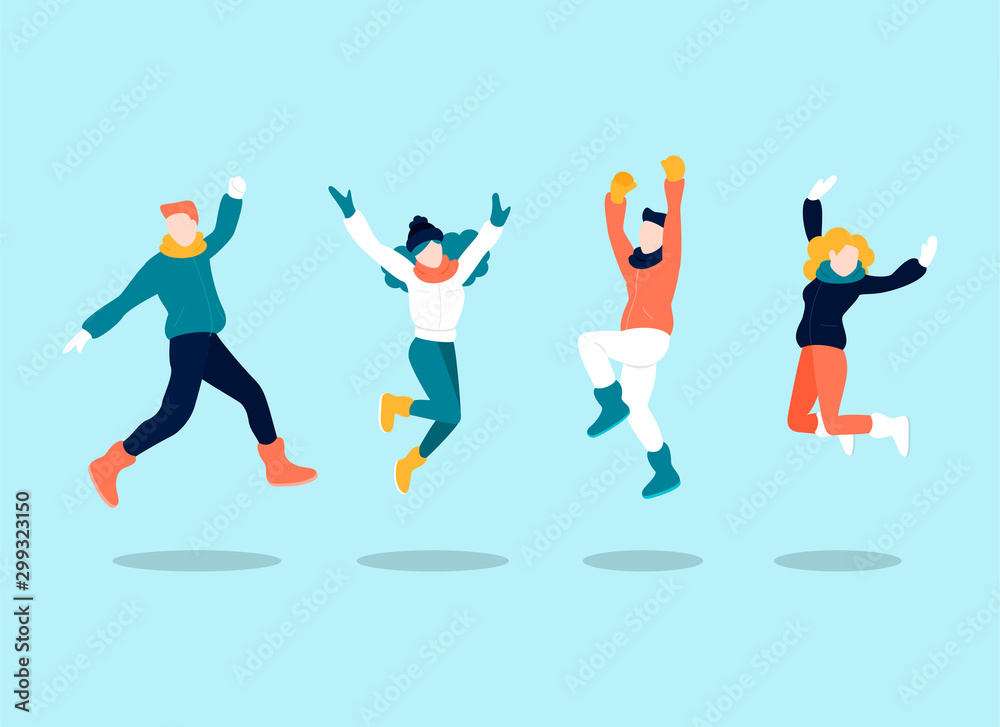 Young people wearing winter clothes jumping.Vector