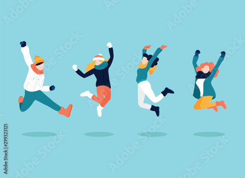 Young people jumping in winter clothes.EPS10 Vector