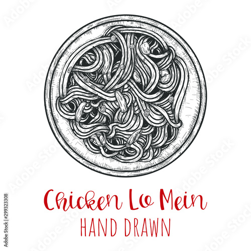 Lo mein chicken chinese dish, hand drawn vector illustration, isolated sketched design.