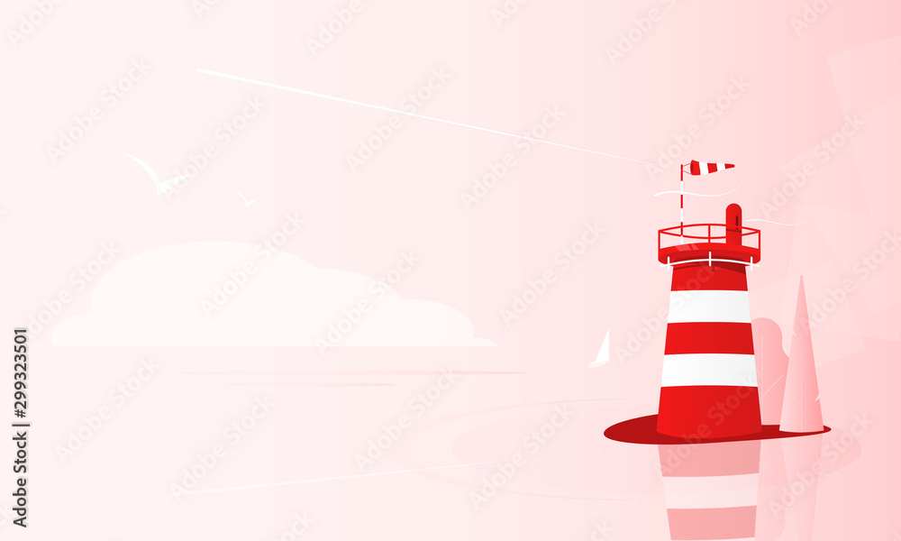 Red lighthouse at sea coast on the island. Navigation beacon with white stripes. Tranquility landscape.