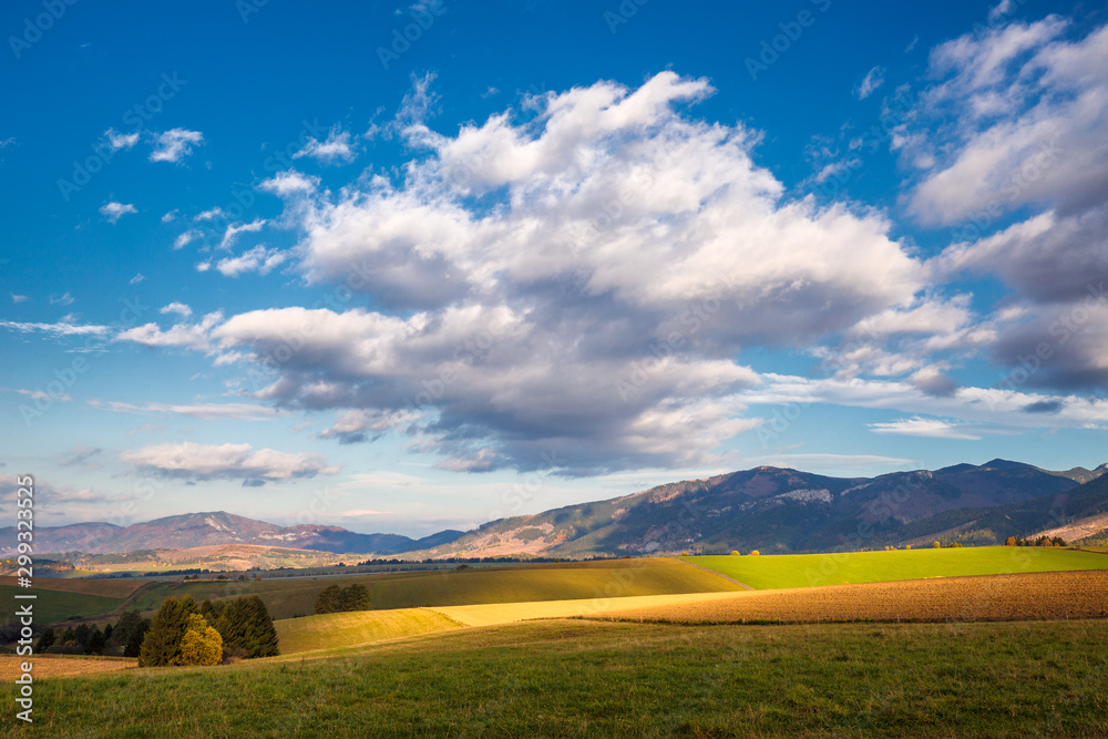 Piedmont landscape with meadows in the morning light at autumn, the area of Liptov with The Western Tatras mountains, Slovakia, Europe.