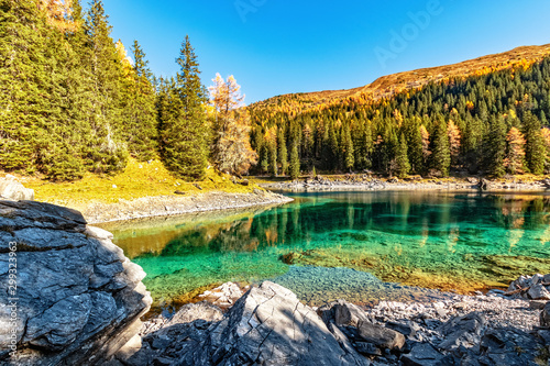 Amazing mountain lake in autumn time. Europe, Austria,Tyrol, Lake Obernberg, Stubai Alps. photo