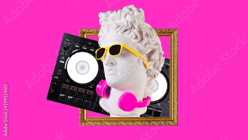 Apollo in headphones and sunglasses on a pink background. Concept art collage. Poster design.