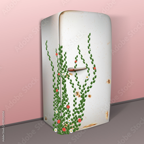 Old rusty realistic 3d fridge. Vector illustration.