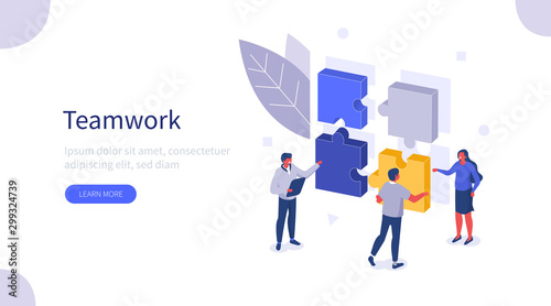 Business People Characters working Together and connecting Puzzle Pieces. Man and Woman assemble Jigsaw Puzzle. Team Metaphor and Business Solution. Teamwork Concept. Flat Isometric Vector Illustratio