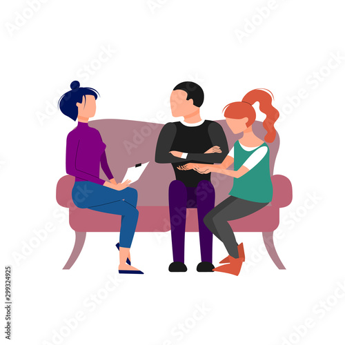 Couple having an appointment with therapist. Isolated on white background. Flat style stock vector illustration