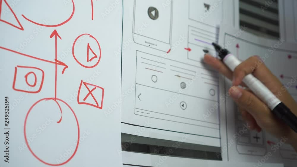 Designer UX web development website template design user UI application on paper or framework layout for pre-production on glass wall. Web developments creative involved in developing for apps