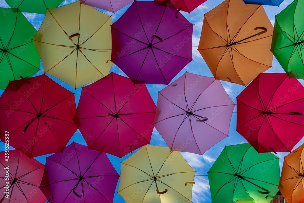 Colorful umbrellas hung over the streets of Agueda, Portugal. Colorful umbrellas hung over the streets of Agueda, Portugal.
