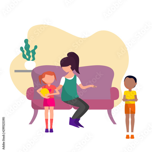 Mother is talking with two siblings, upset boy and girl who took his toy. Flat style stock vector illustration