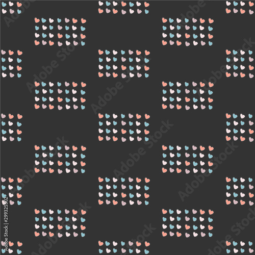 Seamless pattern, hand drawn hearts in brush organised into rectangles.