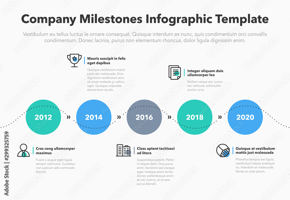 Moderm business infographic for company milestones timeline template with line icons - light version. Easy to use for your website or presentation.