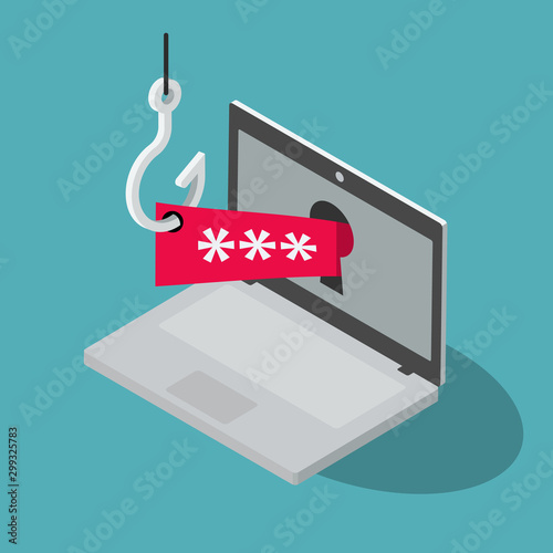 Phishing scam vector symbol with laptop, red security password and fishing hook isolated on blue background. Flat design, easy to use for your website or presentation.