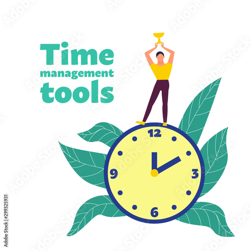 Time management concept. Man holds golden cup standing on big clock. Time management tools text. Flat style stock vector illustration. Isolated on white background