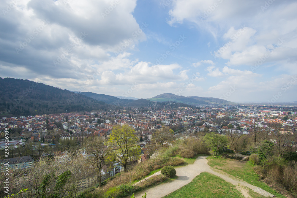 Panoramic view from above of beautiful Freiburg city in the black forest region in Germany.