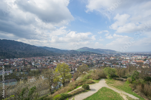 Panoramic view from above of beautiful Freiburg city in the black forest region in Germany.