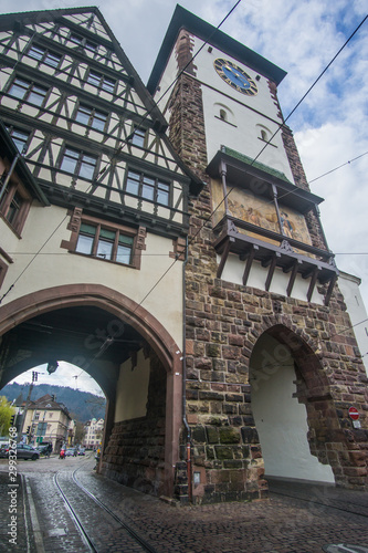 The Schwabentor clock tower in the center of the old town of Freiburg in Germany.