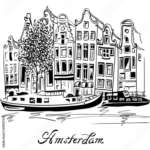 Black and white hand drawing, city view of Amsterdam typical houses, Holland, Netherlands.