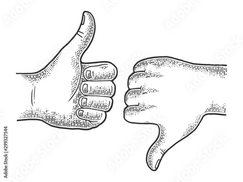 Thumb up and down recommend hand gesture sketch engraving vector illustration. Recommend. Scratch board imitation. Black and white hand drawn image.