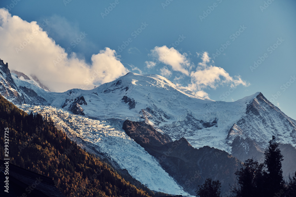View from Chamonix to Mount Mont Blanc. Alps, France. Mountain landscape.