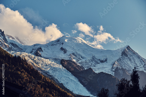View from Chamonix to Mount Mont Blanc. Alps, France. Mountain landscape.