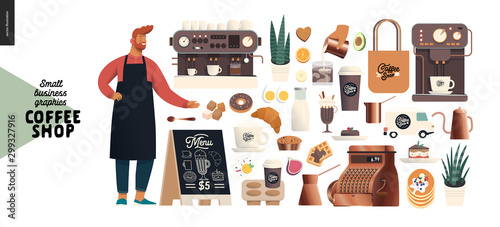 Coffee shop -small business illustrations -constructor set - modern flat vector concept illustration of various coffee cups and mugs, interior decoration, logo, pastry, coffee maker, cafe owner