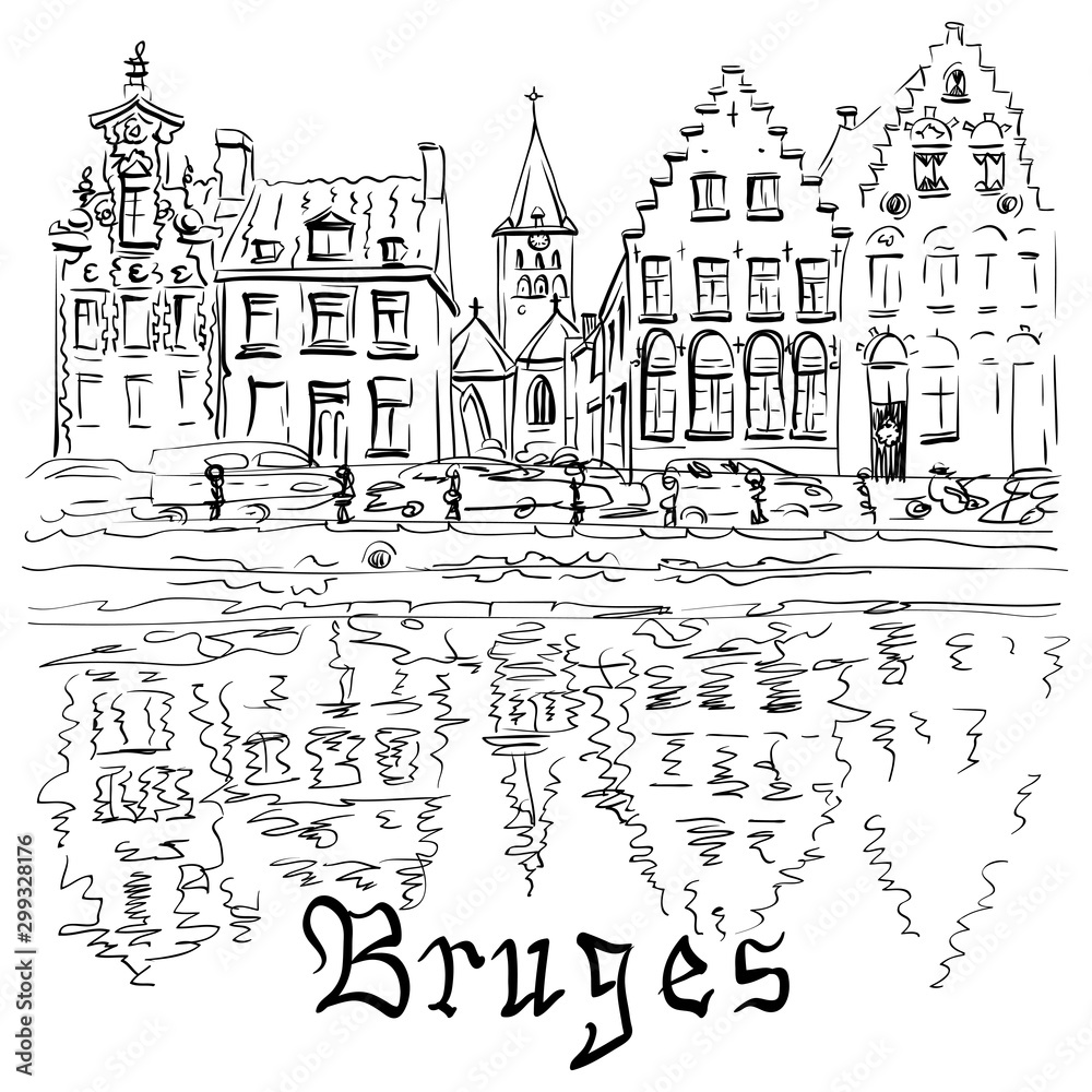 Vector black and white scenic city view of Bruges canal with beautiful medieval houses, Belgium