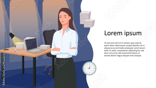 An unhappy office worker doing a lot of paperwork until late evening