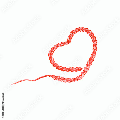 Close up Crochet red heart hand made concept on white background. Watercolor Hand drawn hobby Knitting and Crocheting Wool heart Valentines day love Greeting card, poster concept
