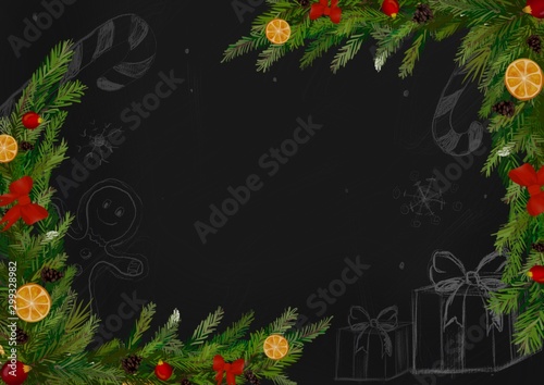 Fototapeta Naklejka Na Ścianę i Meble -  Winter christmas wallpaper or background for design with christmas tree, orange