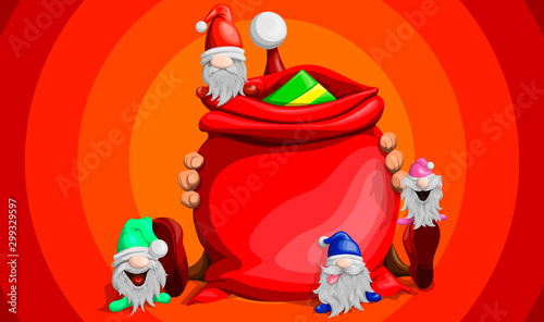 Vector Santa Claus sat down and hugged a bag of gifts and next to him his assistants in cartoon style