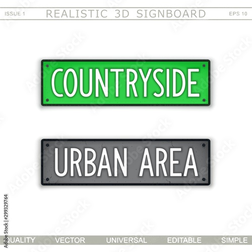 Countryside. Urban area. Realistic 3D signboard. Vector design