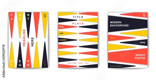 Trendy poster design with abstract 3D shapes. Composition from volume triangle forms. Vector cover