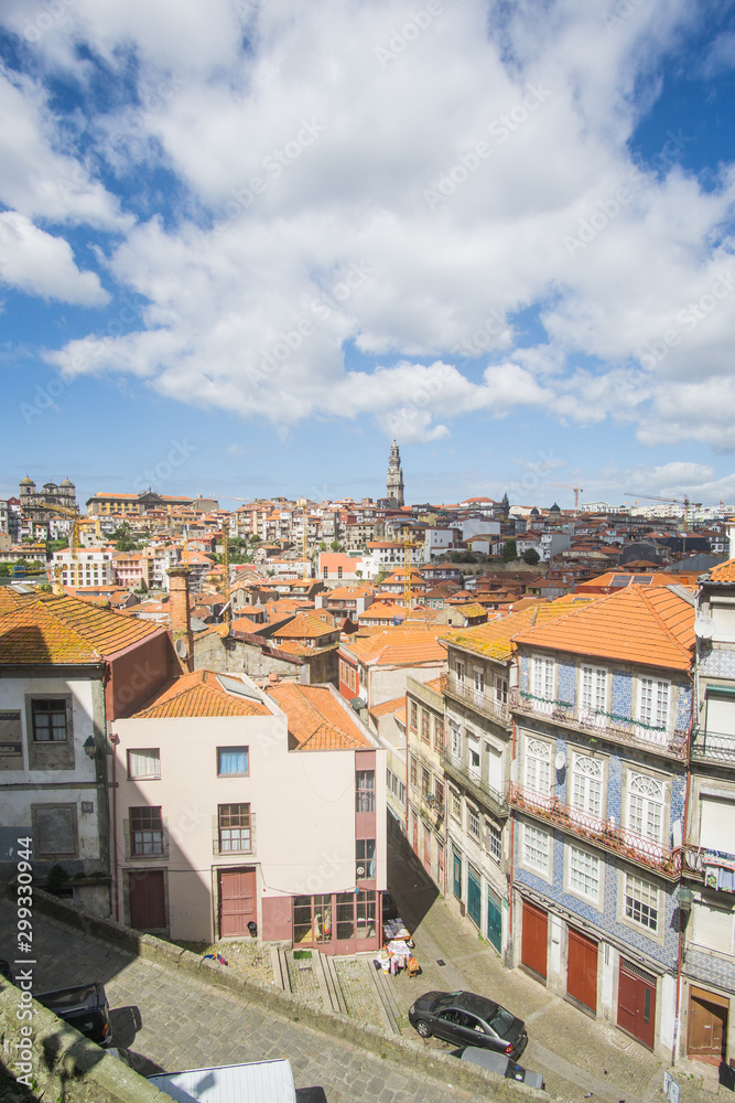 a panoramic view of the rood tops and the buildings in the old town of Porto in  Portugal 