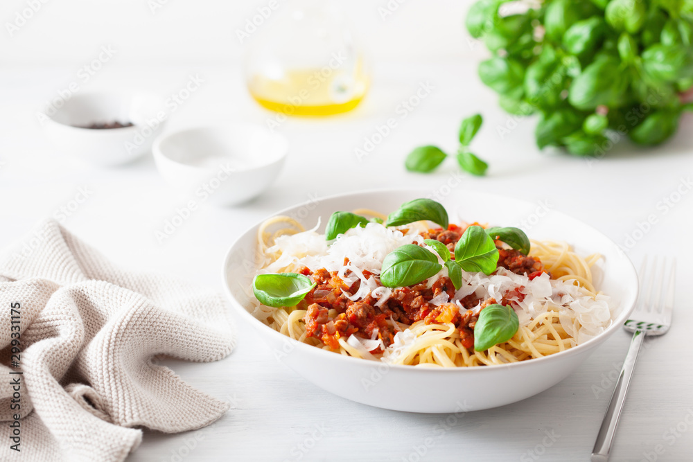 spaghetti bolognese with basil and parmesan, italian pasta spaghetti bolognese with basil and parmesan, italian pasta