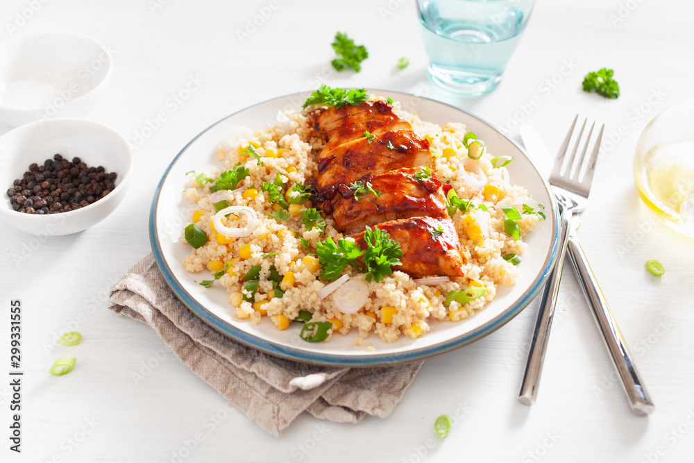 roasted bbq chicken with couscous sweetcorn onion, healthy lunch roasted bbq chicken with couscous sweetcorn onion, healthy lunch