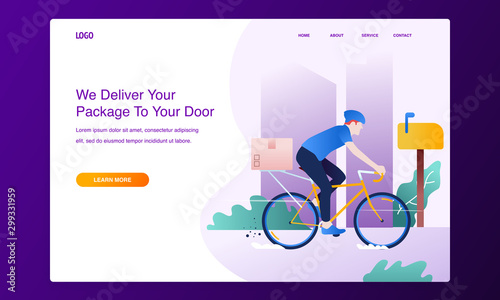 Modern flat design concept of online shipping, delivery service with bicycle and cardboard boxes for website and mobile website. Landing page template