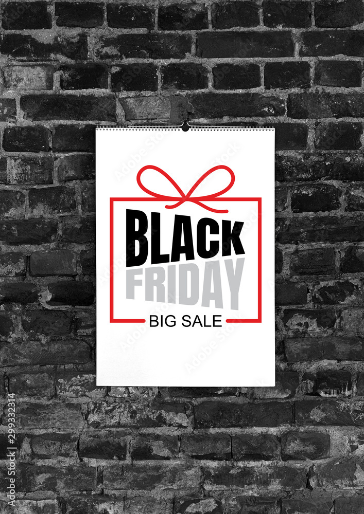 Obraz premium Black friday ad on black brick wall background Copyspace, negative space for your advertising. Black friday, sales, finance, advertising, money, finance, purchases concept.