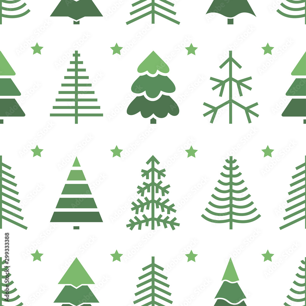 Flat seamless pattern with Christmas trees. Holidays background. Abstract  line art drawing woods. Vector Holidays illustration