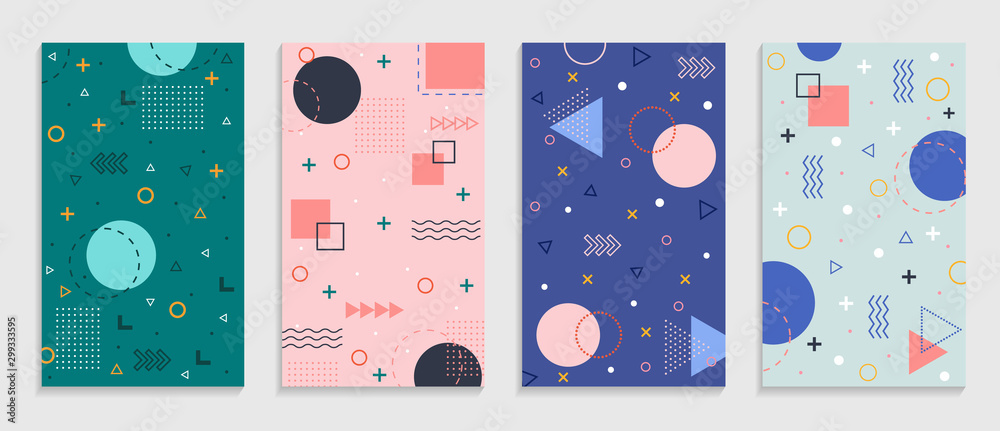 Memphis geometric background with abstract shapes. Graphic pattern, texture for poster, card, social media covers. Funky abstract memphis pattern. Geometry banner in retro style. vector