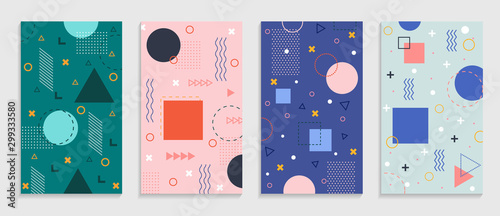 Memphis geometric background with abstract shapes. Graphic pattern, texture for poster, card, social media covers. Funky abstract memphis pattern. Geometry banner in retro style. vector