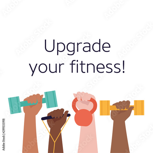 A lot of hands hold dumbbells on sky background and Healthy Lifestyle title. Sport revolution concept. Vector colorful illustration in flat design.