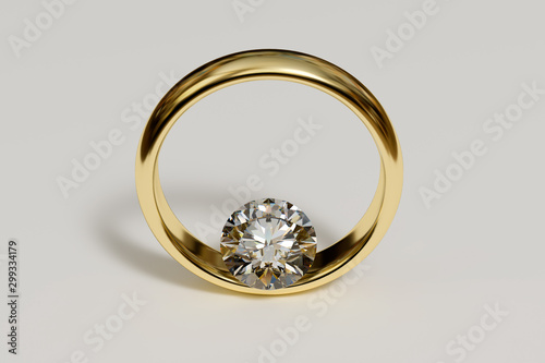Round cut diamond in yellow gold wedding ring on white background.