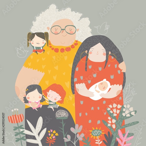 Three generations of women of different ages from child to young adult mother and senior grandmother