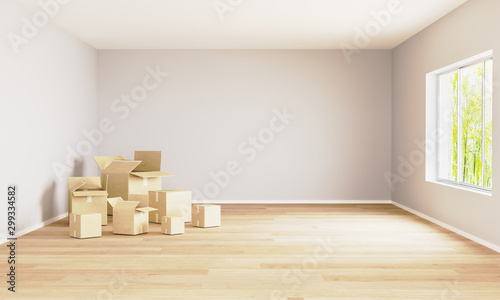 Empty room with moving boxes and window. Moving concept. Room for mockup. 3d rendering. Room with light walls and wooden floor photo