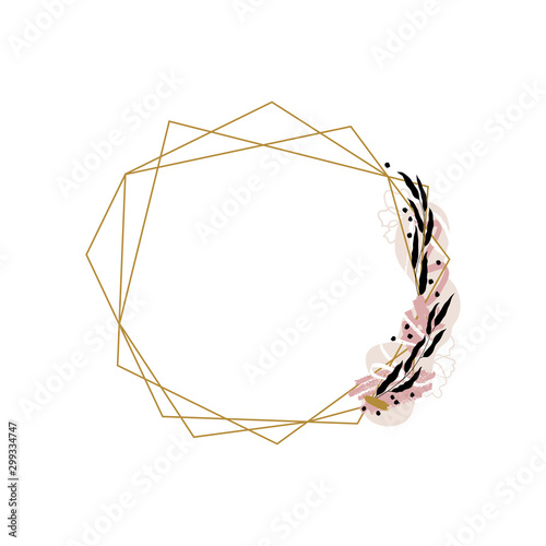 Vector golden crystal frame decorated with spots of paint and leaves. Ideal for wedding design, etc.