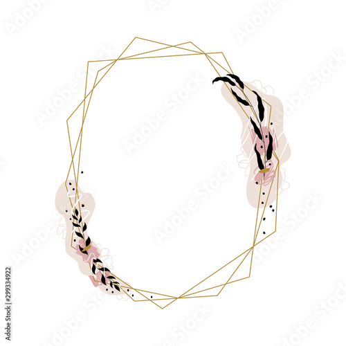 Vector golden crystal frame decorated with spots of paint and leaves. Ideal for wedding design, etc.