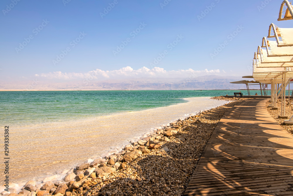 Obraz premium View of the salt-covered coastline and sun umbrellas on the Dead Sea beach
