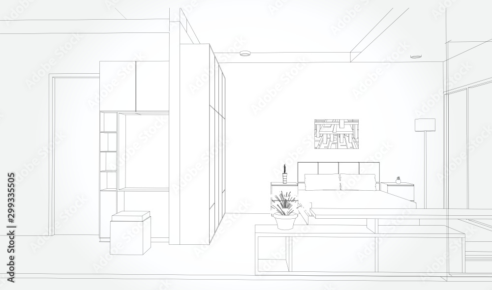 Linear sketch of an interior. Room plan. Sketch Line bedrooms. Vector illustration.outline sketch drawing perspective of a interior space