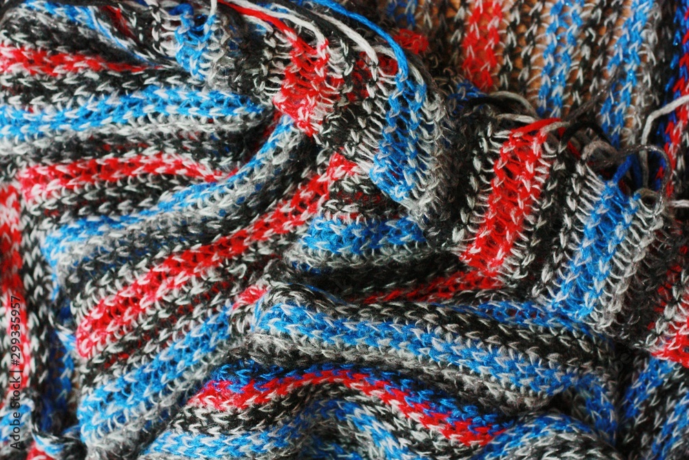 Beautiful blue and red scarf close up view Beautiful blue and red scarf close up view